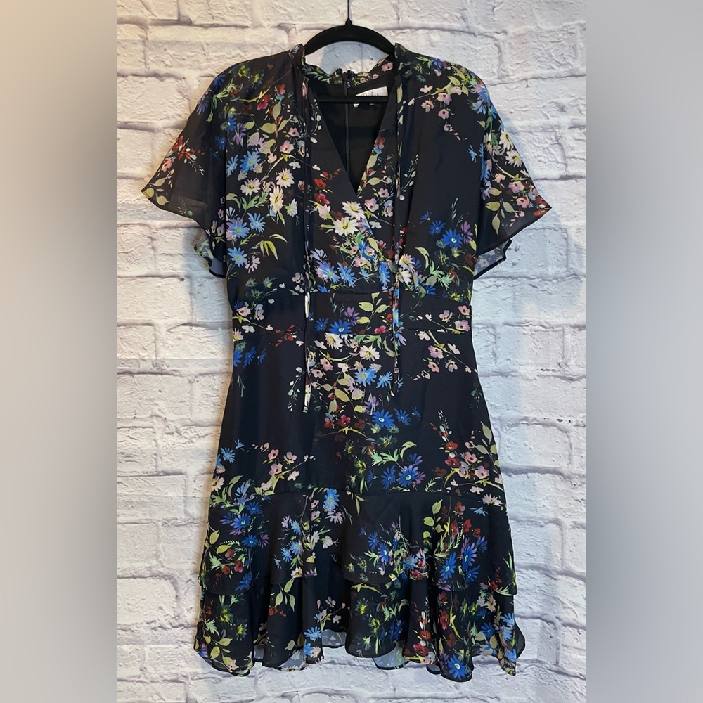 Parker Black and Blue Ruffled Tiered Mini Dress Wedding Guest